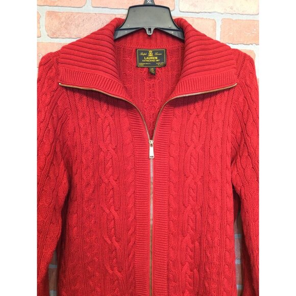 Ralph Lauren Red Cable Knit Sweater Full Zip Cardigan Womens 2X Old Money Preppy - Picture 2 of 10